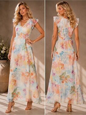 Hale Bob Silk Blend Watercolor Floral Maxi Dress Size S Boho Luxury NWT